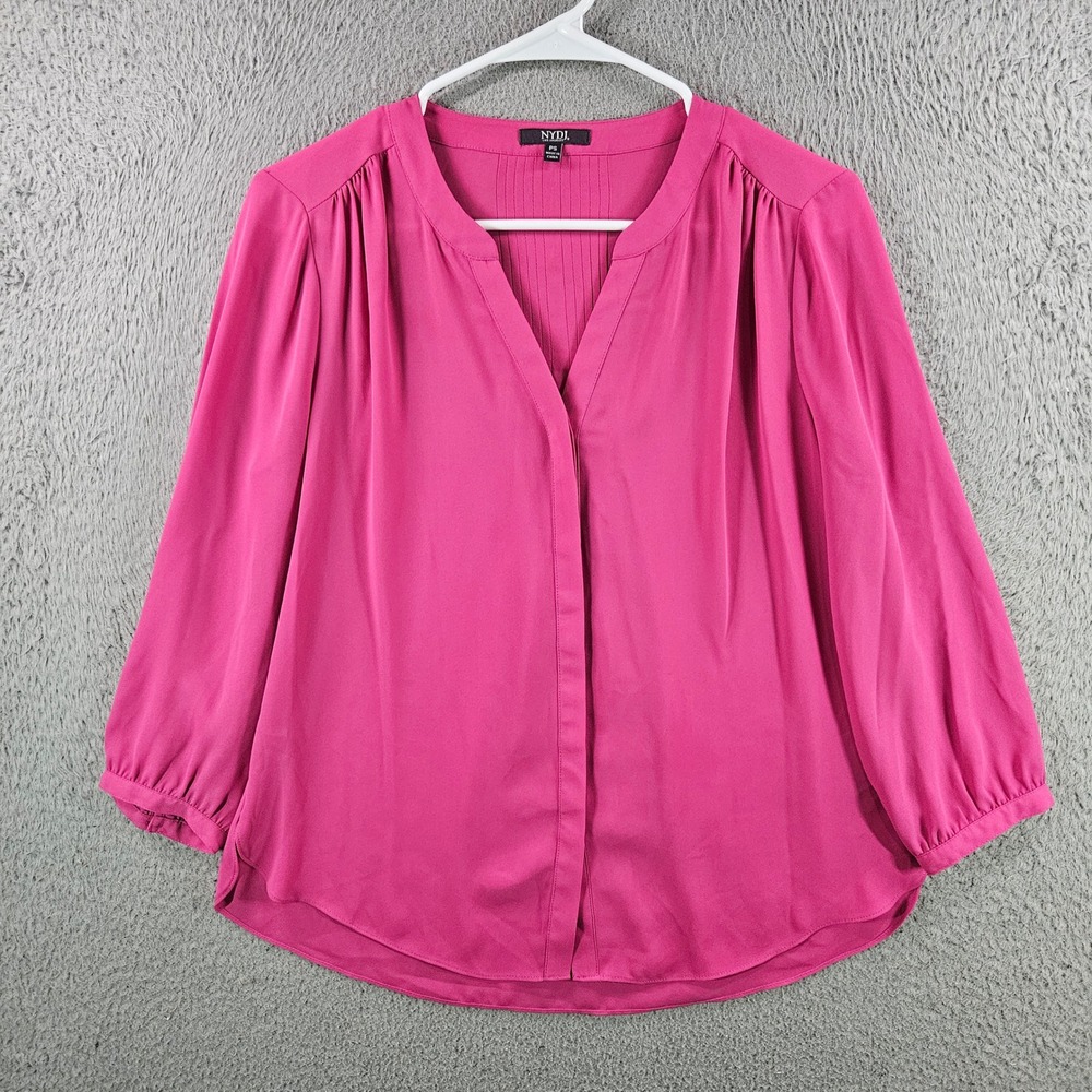 NYDJ Pink Pintuck Back V-Neck Blouse 3/4 Sleeve Hidden Button Front PS Womens